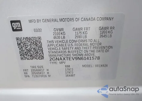 2022 Chevrolet Equinox Awd 2Fl из США, поврежденный, VIN 2GNAXTEV9N6141578